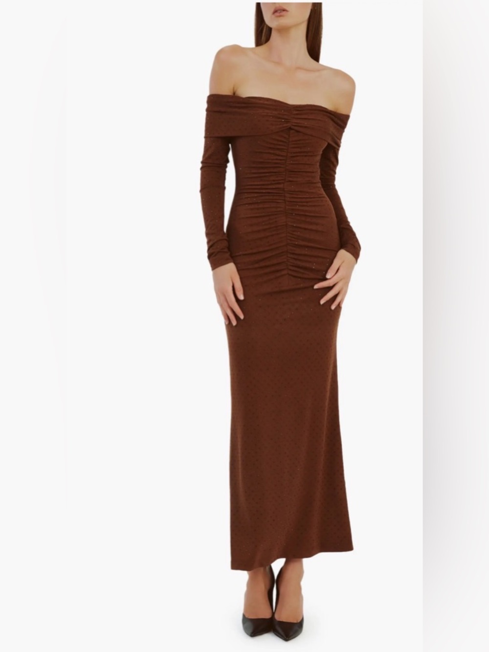 Bardot ‘Artura diamante’brown sequins off shoulder long sleeve maxi dress